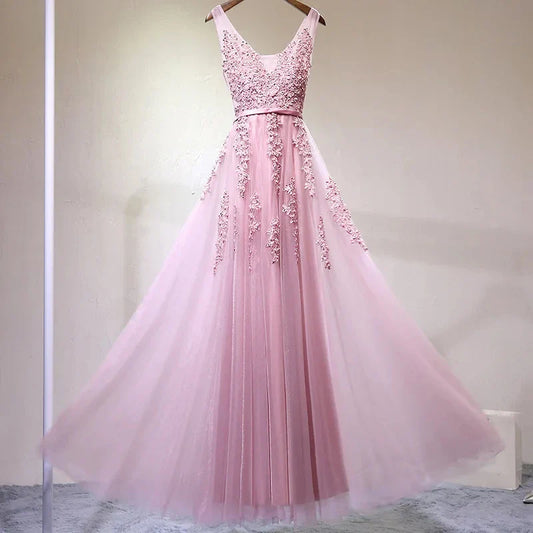 Appliques Beadeding Evening Dress Elegant Tulle Prom Dress V Neck Bridesmaid Dress Birthday Gift Vestidos De Fiesta In Stock