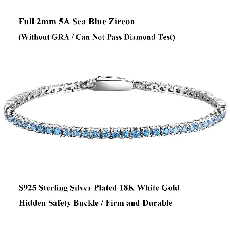 Full 2mm Violet Pink Blue White 5A Zircon Tennis Bracelet for Woman S925 Silver High Carbon All Colored Gemstone Bracelets