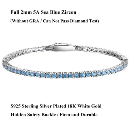 Full 2mm Violet Pink Blue White 5A Zircon Tennis Bracelet for Woman S925 Silver High Carbon All Colored Gemstone Bracelets