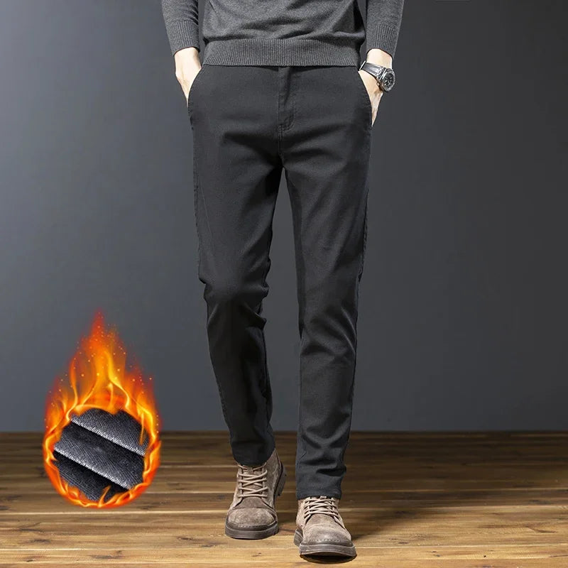 Classic Men's Fleece Slim Pants Winter Casual Velvet Business Straight Solid Thick Plush Trousers Brand Clothing Man Pants