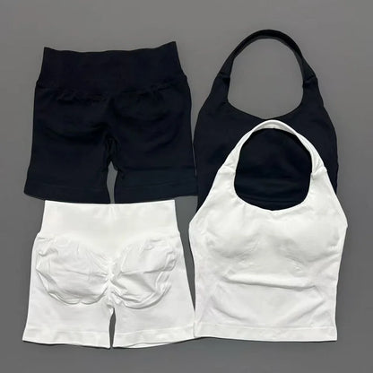 Women Seamless Gym Set 2Pcs Halter Neck Sports Crop Top High Waist Scrunch Butt Shorts Workout Fitness Yoga Tracksuit Sportswear