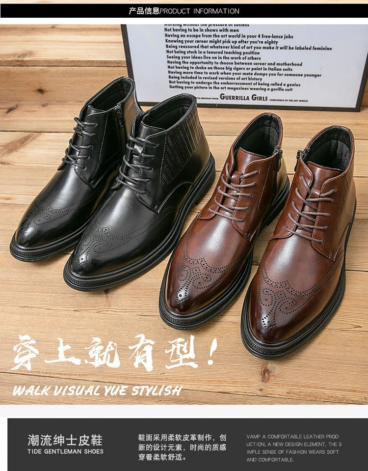Men Pu Leather High Top Boots With Side Zipper Block Carving Design Business Casual And Handmade Ankle Boots