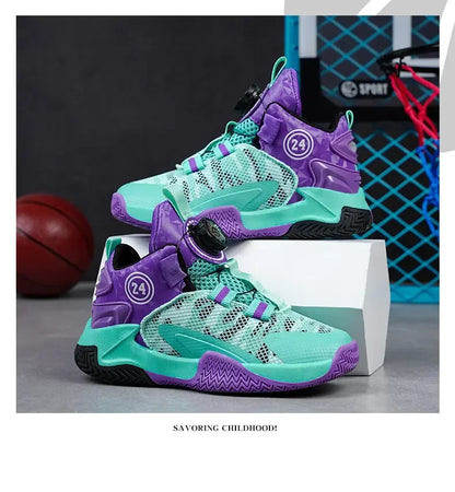 Boys Girls Quick Twist Lace Basketball Shoes Wear Resistant Comfortable Outdoor Athletic Footwear