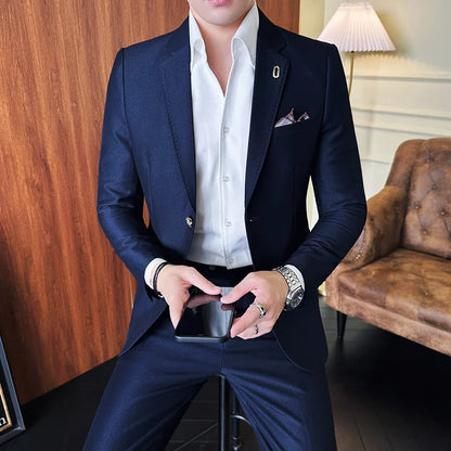 Men's Korean Style Slim Fit Suit Set, High Quality Fabric Solid Color Edge Pressing for Wedding Business