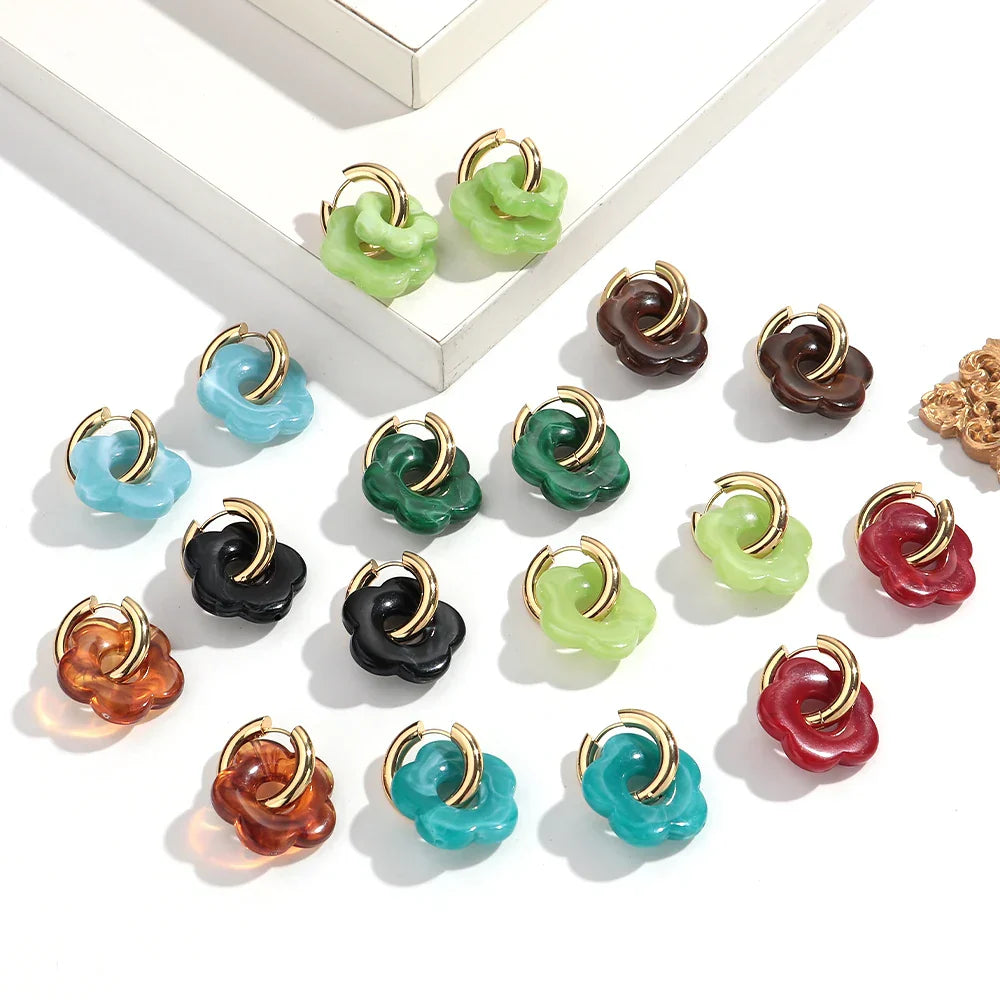 Colorful Flower Resin Acrylic Charms Earring Gold Color Circle Ear Buckle Hoop Earrings Fashion Jewelry for Women