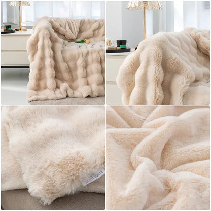 Cozy Rabbit Hair Bubble Velvet Blanket for Napping Soft Fuzzy Plush Bed Cover Sofa Throw Blanket All Season Warmth