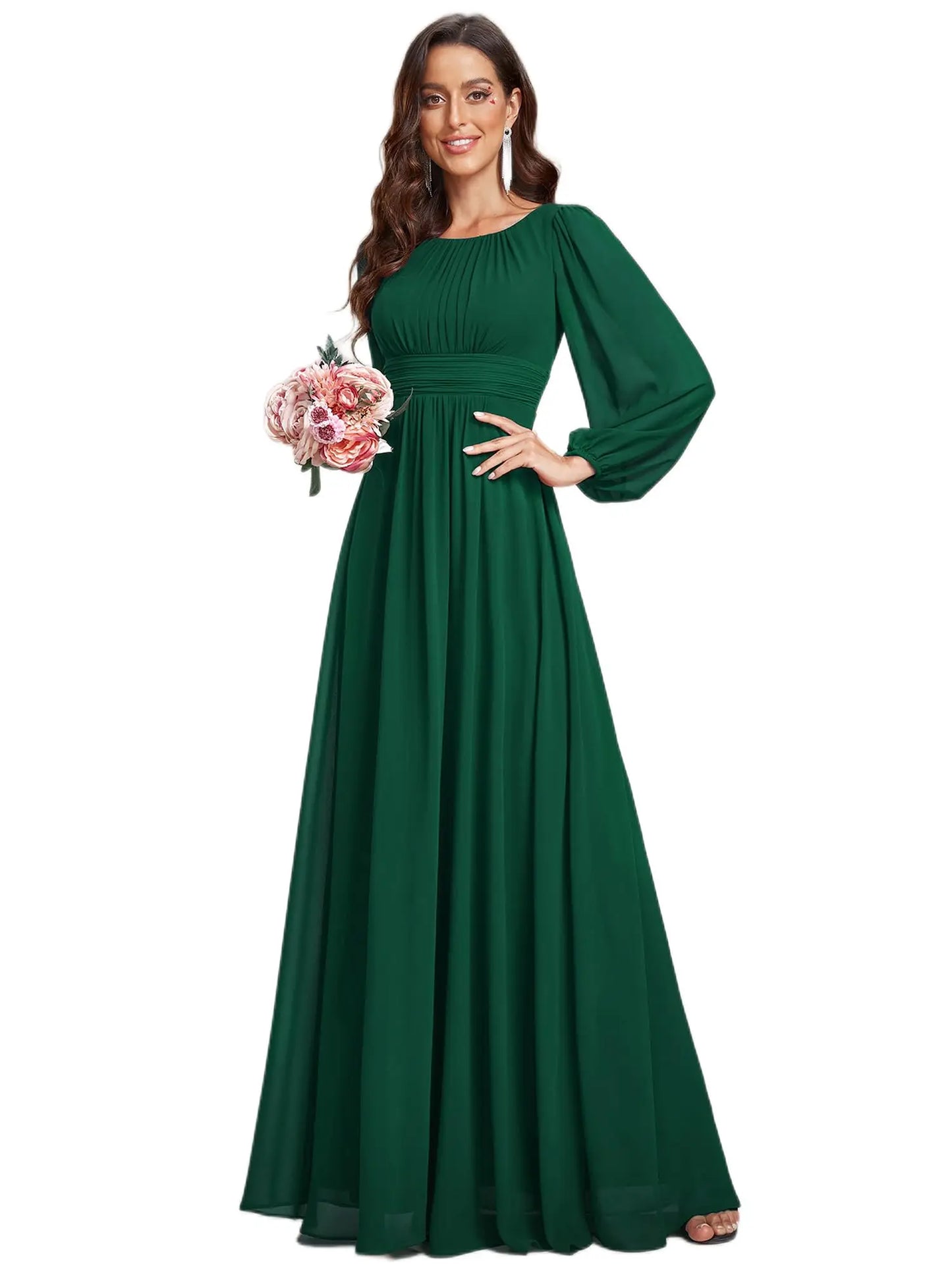 Women's Crewneck Lantern Sleeves Bridesmaid Dresses For Wedding Flowy A-Line Pleated Floor Length Chiffon Formal Evening Dresses