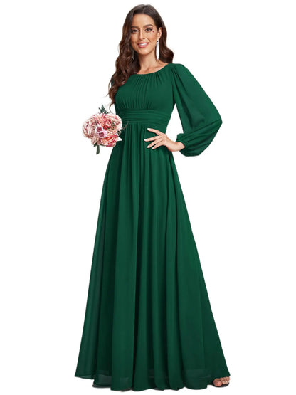 Women's Crewneck Lantern Sleeves Bridesmaid Dresses For Wedding Flowy A-Line Pleated Floor Length Chiffon Formal Evening Dresses