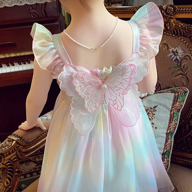 Rainbow Color Fancy Butterfly Dress for Baby Girls Summer Tie Dye Elastic Bust Mesh Frock Toddler Cute Casual Suspenders Robes
