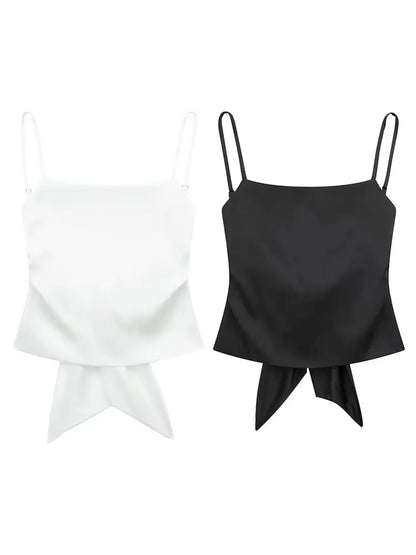 Women Summer Back Bow Solid Satin Backless Sling Crop Top Chic Female Sexy Clothing Streetwear Camis Mujer 2024 Fashion
