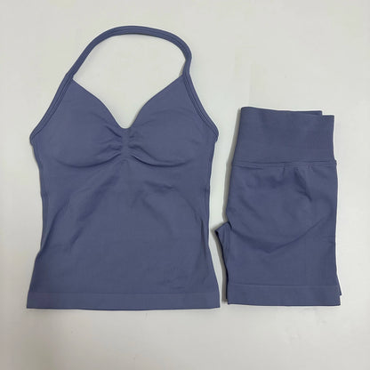Yoga Set Women Padded Halter Tank Top Scrunch Butt Lifting Gym Shorts Set Summer Sportswear Workout Clothes
