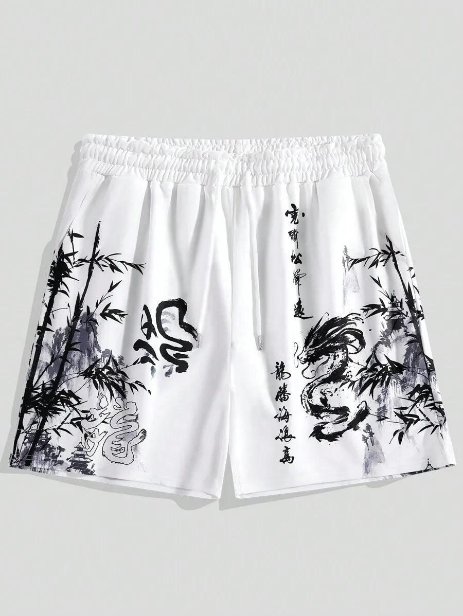 men's shorts loose and luxurious shorts 3D printed casual bamboo forest dragon print