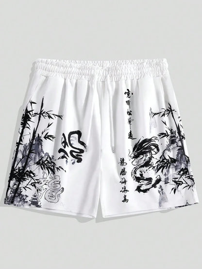 men's shorts loose and luxurious shorts 3D printed casual bamboo forest dragon print