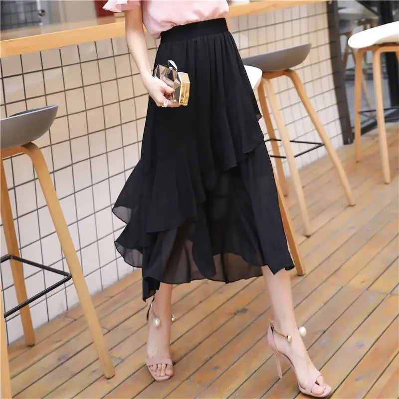 Plus Size Women Summer Chiffon Midi Skirt, Irregular A-line Thin Lightweight Black Skirt For Plus 200lbs