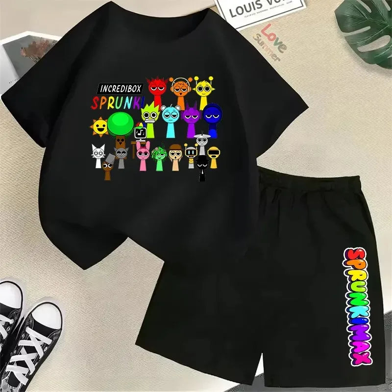 Set of 2 Pieces of T-Shirt and Shorts Sprunki for Kids, Anime Design, Pants Suit for Boys and Girls, Kawaii Summer Outfits