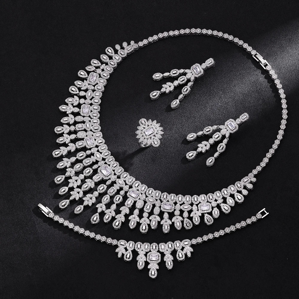 Luxury 4 Pieces Bridal Wedding Jewelry Set for Women Sparkling Cubic Zirconia Nigeria Bride Accessories