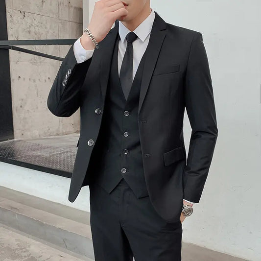 Solid Color Suit Men's Fashionable Gentleman Business Banquet Korean-style Formal Dress Casual Wedding (Blazer+Vest+Trousers)