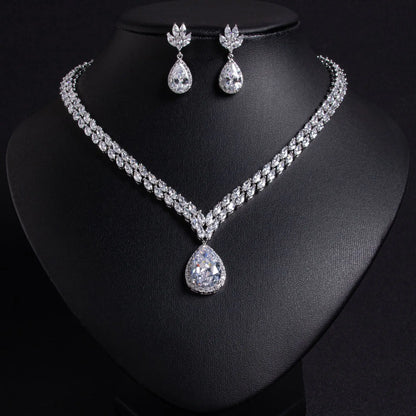 New luxury art beauty teardrop necklace earrings ladies jewellery zirconia set party wedding bridal gift dubai accessories M-317