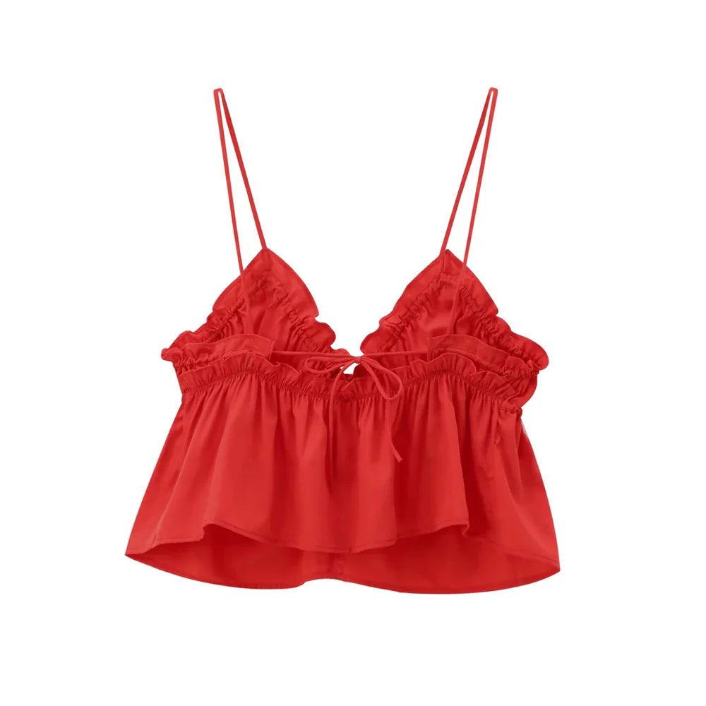 Women's Sexy Fashion Bow Tied Ruffled V-Neck Tank Top Thin Straps Backless Camisole Female Mujer