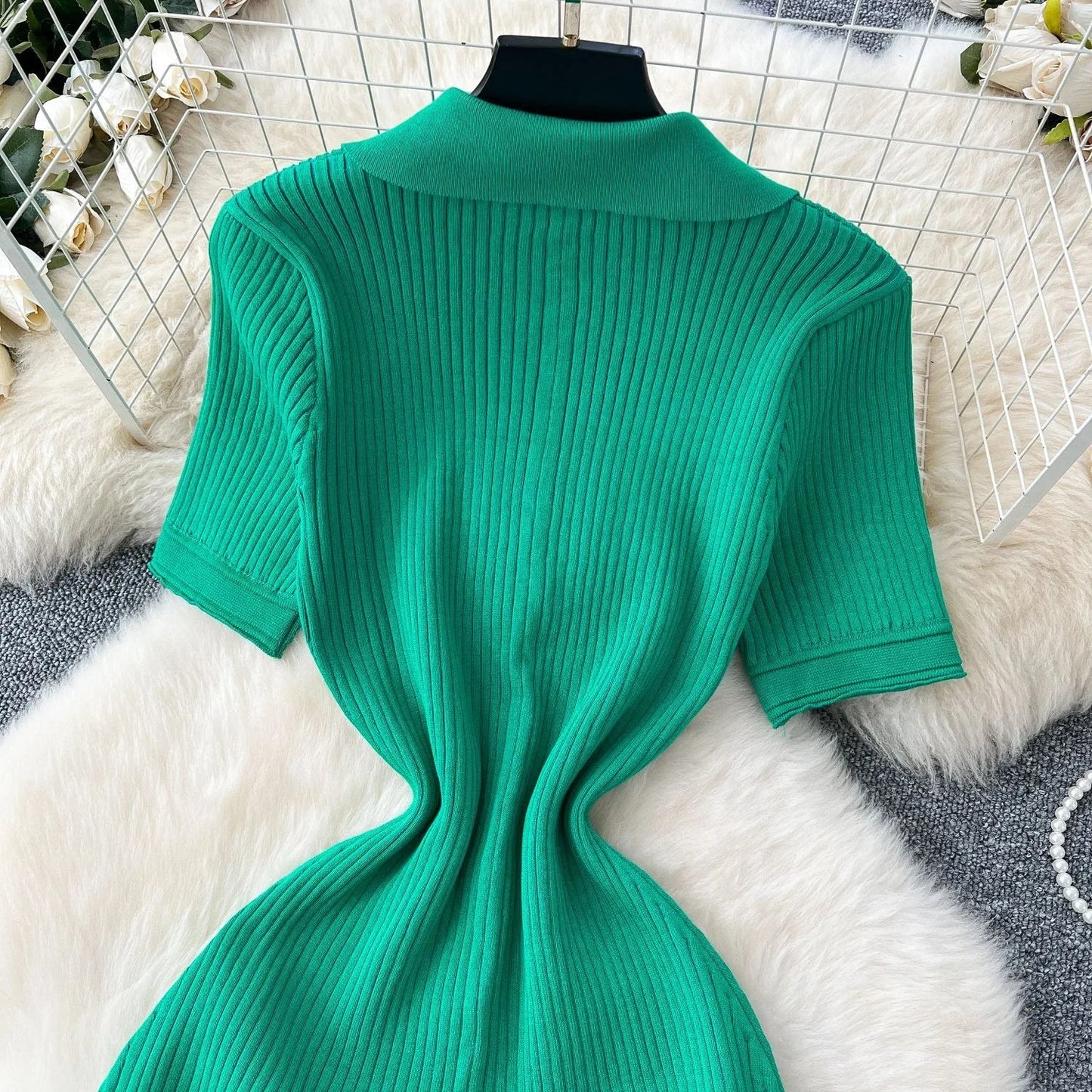 Fashion Elegant Patchwork Knitted Maxi Dress 2025 Summer Lady Turn-down Collar Shirt Sweater Dress Party Vestidos