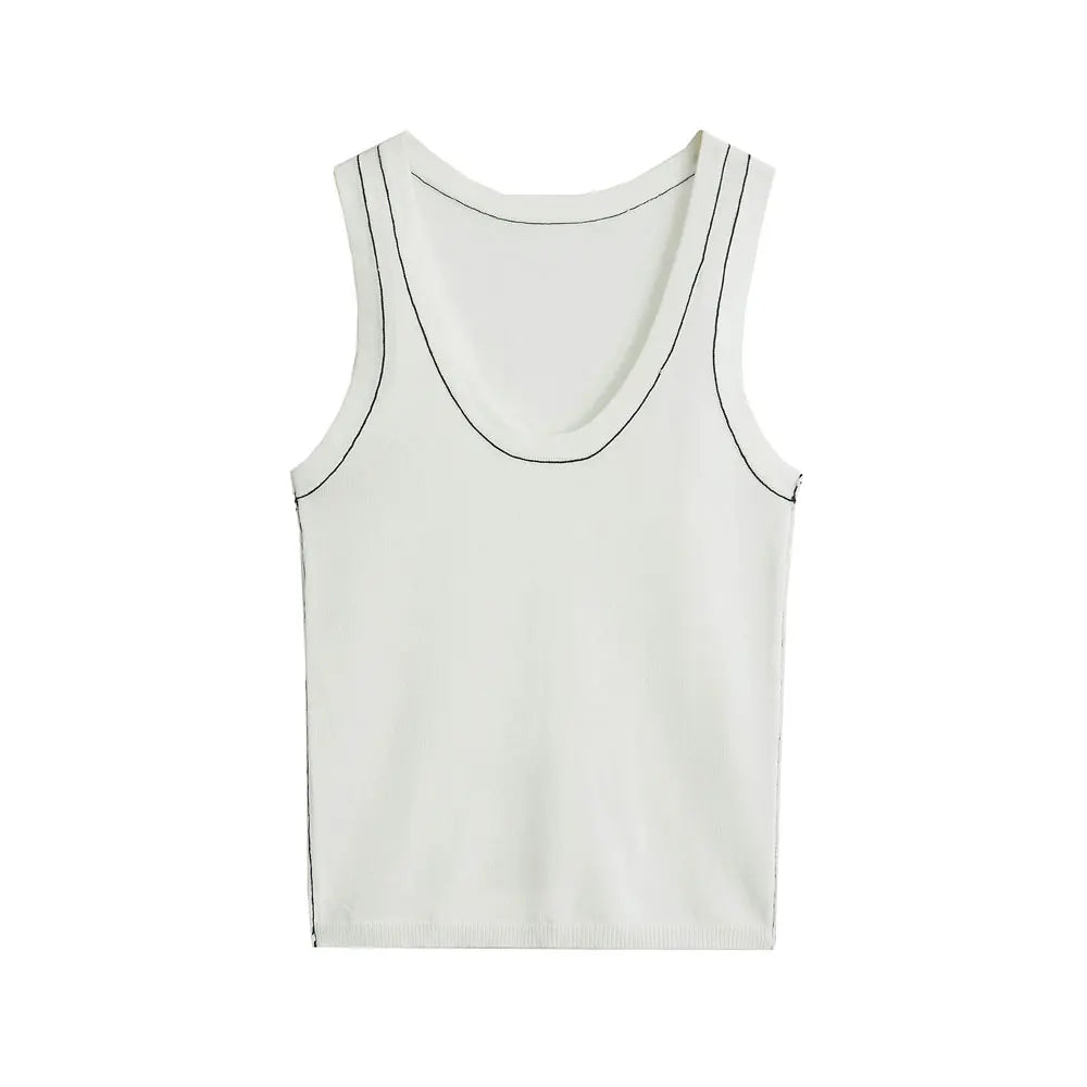 Women's Sleeveless Knit Tank Tops, V Neck ,Contrast Trims, Female Camis, Chic Vest Fashion