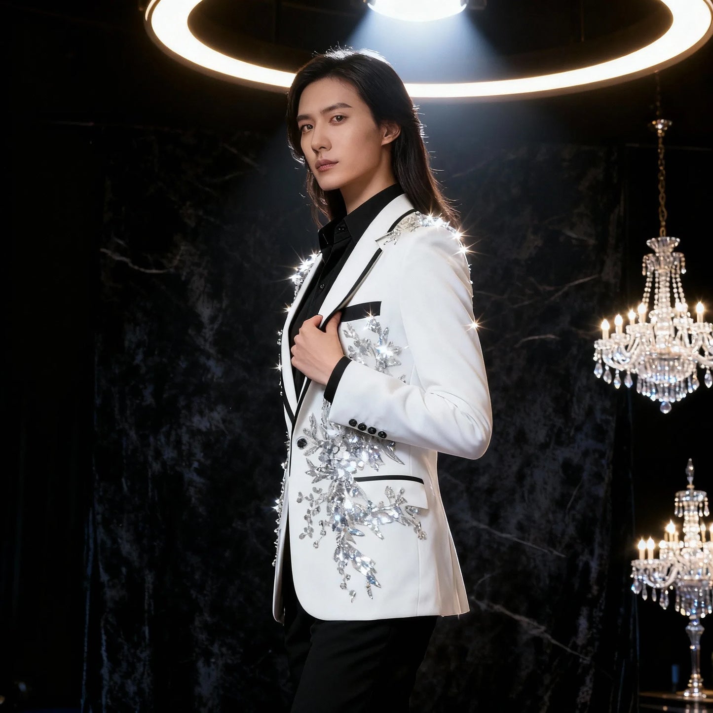 Stylish Stage Performance Men's Singer Nightclub Barbecue Suit Floral Embroidery Three-dimensional Double-sided Jacket