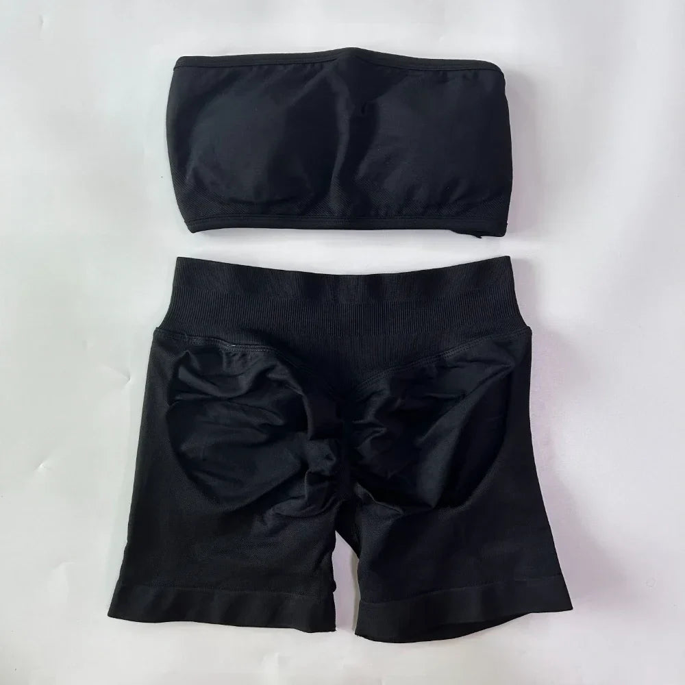 No Logo Women 2 Pieces Yoga Set Backless Bandeau Sports Bra Scrunch Shorts Yoga Clothing Gym Set Workout Clothes Outfits Sets