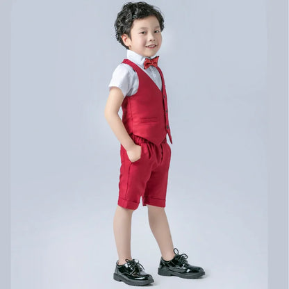 Boys Formal Birthday Photograph Suit Kids Summer Vest Shirt Short Bowtie Wedding Dress Teenager Suit Children Graduation Costume