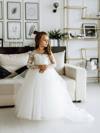 Communion Girl Dress Lace Appqulies Bodice Floor-length Skirt Puffy Dress with Long Train Formal Party Toddler Clothe