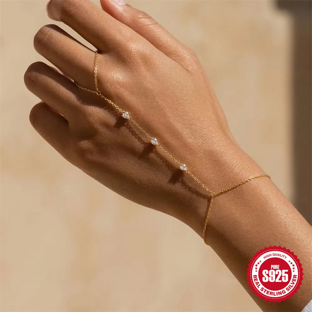 Dainty 5A Zircon Finger Ring Chain Bracelets Flower High Carbon Bracelet for Women Girl Adjustable s925 Silver Jewelry Gift