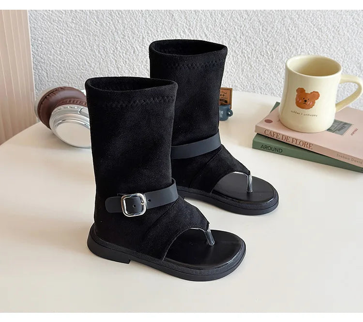 Summer Princess Long Pipe Boots Roman Sandals for Kids Girl Brand Design Ankle Strape Stretch-Satin Flip Flop Girls Shoes I06242