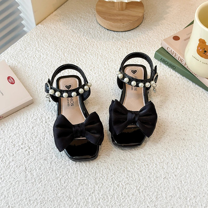 Girls Sandals Sweet Elegant Kids Dress Shoes Dance Wedding Non-slip 2025 Summer New Girls Princess Sandals Big Bows Ins Trendy