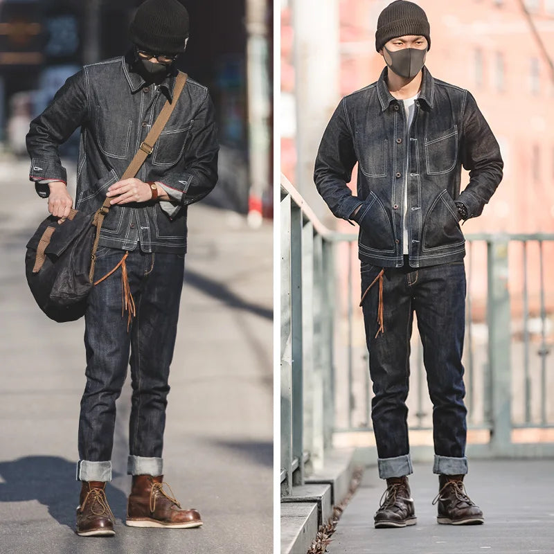 Vintage 14oz Selvedge Raw Denim Jeans Horsehair Leather Patch Straight Fit Jeans Men's Spring and fall Paris Buckle Pants
