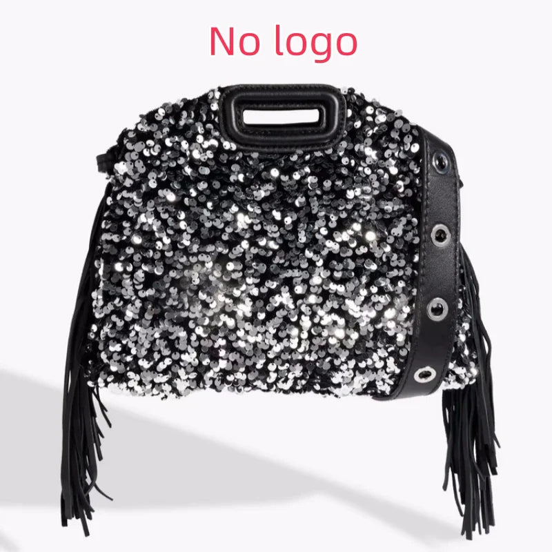 Glitter Sequined Handbag for Women, Luxury Designer Shoulder Bag with Tassel, Fashion Crossbody Bucket Bag for Ladies Elegant