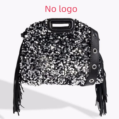 Glitter Sequined Handbag for Women, Luxury Designer Shoulder Bag with Tassel, Fashion Crossbody Bucket Bag for Ladies Elegant