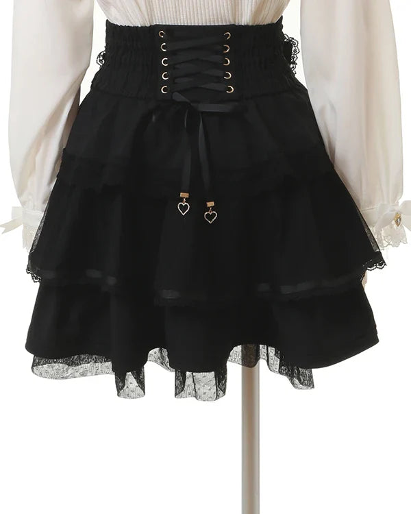 Mine Style Mass-Produced Japanese Casual Laminated Ruffles Lace  Skirts 2023 Autumn Winter High Waist Corset A- Line Mini Skirt
