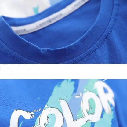 Children's set 2026 new Korean version boys' summer printed letter round neck short sleeved shorts two-piece set 4-12Y