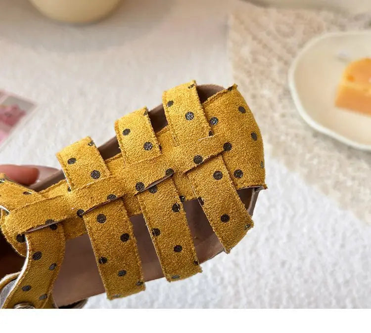 All Over Print Polka Dot Children Sandals for Girls Suede Leather Summer Students Holiday Shoes Girl Daily Shoes Cut-outs I05103