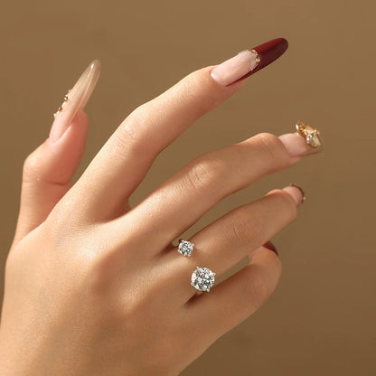 Two Stone Round Cut Moissanite Ring for Women 100% S925 Silver Personalized Open Rings Daily Wear Korean Style Jewelry