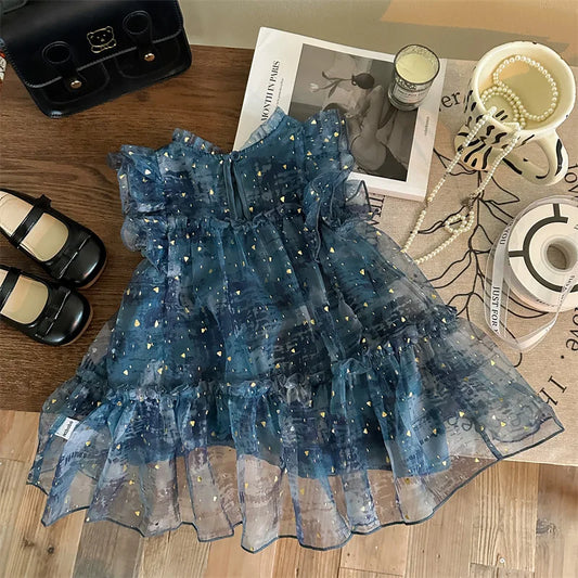 Vestido de Verão para Meninas, Novo Estilo de Vestido de Princesa Moderno para Crianças, Vestido de Tule Super Fofo para Meninas