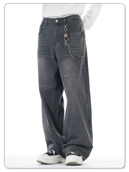 American Retro Washed Gray Baggy Straight Wide Leg Jeans Men's Business Casual Baggy Four Season Denim Pants Unisex Clothes
