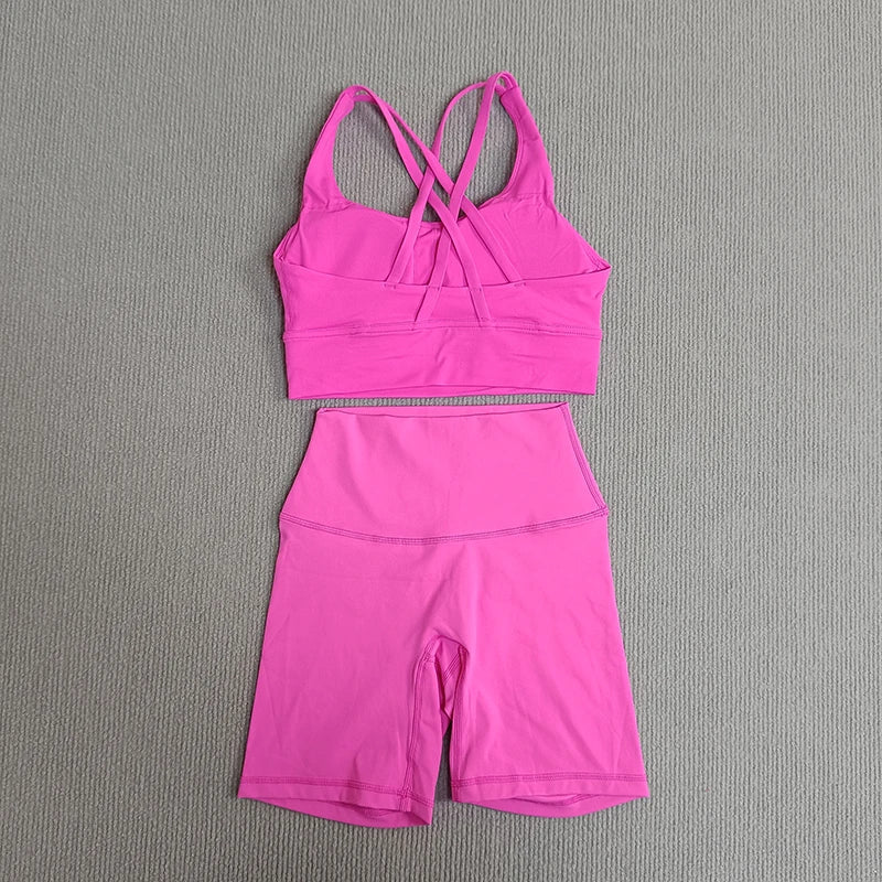 Women's 2-Piece Yoga Set Tights Shorts For Woman Cross Back Bra Top + High Waist Shorts Fitness Running Workout Tracksuit