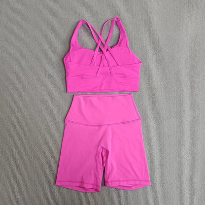 Women's 2-Piece Yoga Set Tights Shorts For Woman Cross Back Bra Top + High Waist Shorts Fitness Running Workout Tracksuit