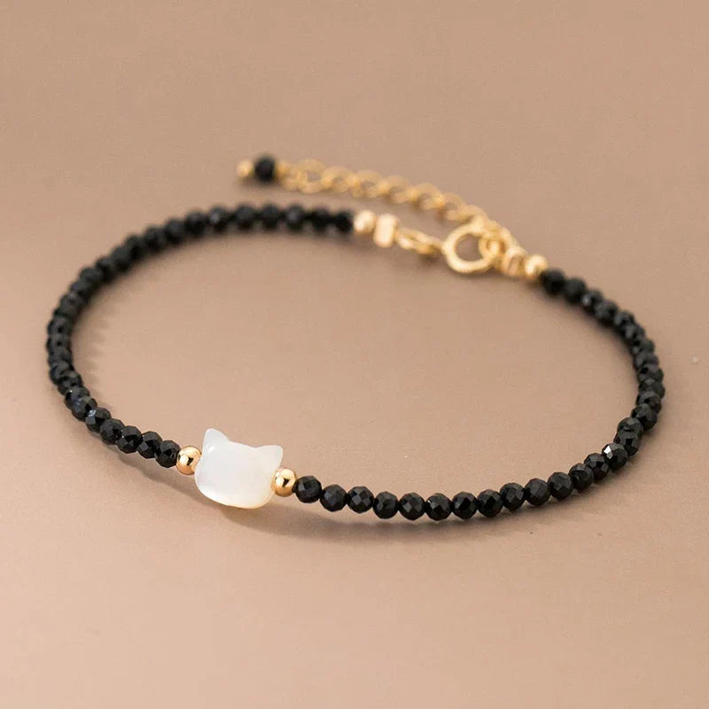 925 Sterling Silver Vintage Black Round Crystal Bracelet Cute Cat Link Chain Bracelet For Women Party Jewelry Gifts