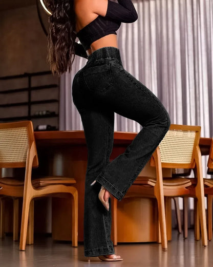 Causal Jeans Back Shirred Button Front High Waist Jeans
