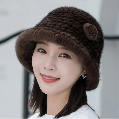 Woman Hat Winter Solid Mink Caps With Flower Natural Mink Fur Hats New Russian Girl Soft Knitting Real Fur Bucket Hats 2026 Warm