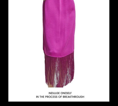 New Women Party Dress Hanging Neck Style Dress High Collar Sleeveless Fringe Skirt Hem Belt Evening Dresse