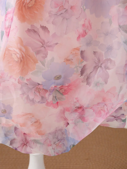 Summer New Girl Bubble Sleeve Colorful Flower Printed Princess Dress Cute Fashion Dress