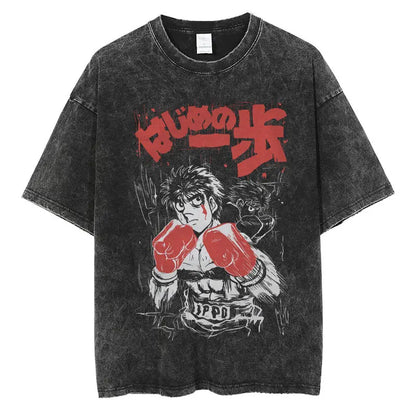 Anime Hajime No Ippo Washed Vintage T-shirt Kamogawa Boxing Gym Harajuku T-shirts Makunouchi Takamura KGB Loose Cotton T Shirt