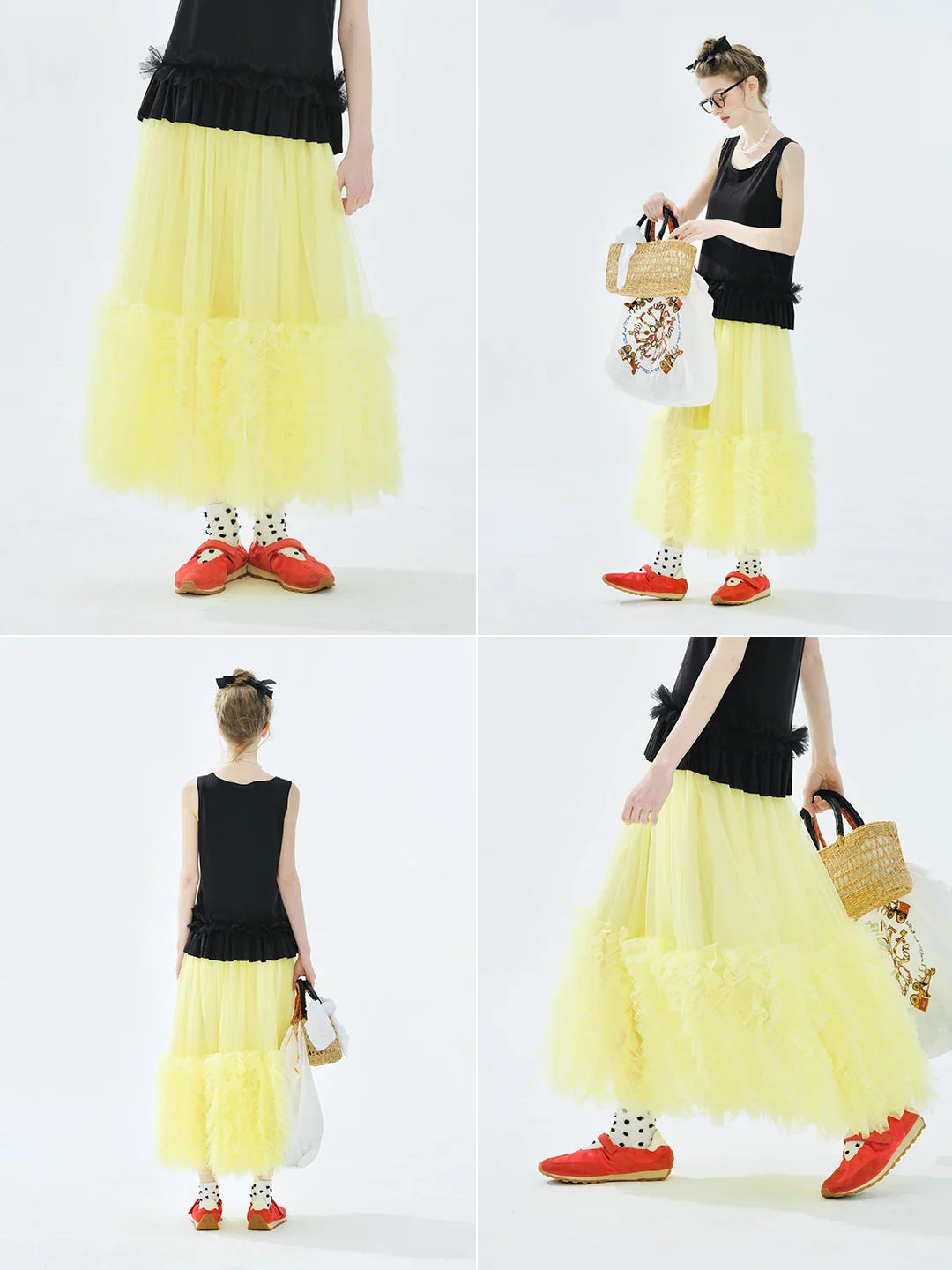 Women's Light Purple Tulle Midi Skirt with Ruffled Hem Elastic Waist Casual Fairy Style Summer  Flowy A-Line Skir 255106